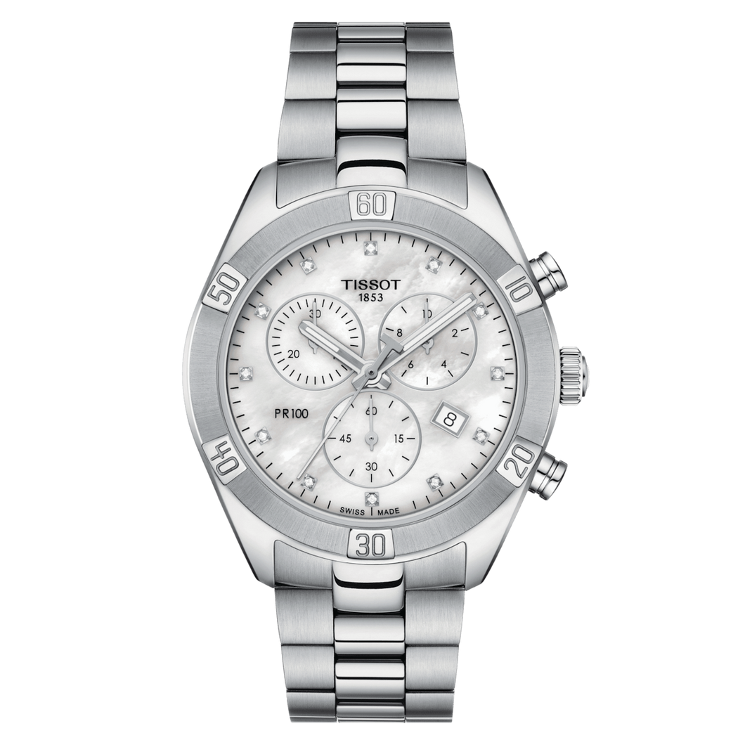 Tissot PR 100 Sport Chic Chronograph with diamonds in steel bracelet