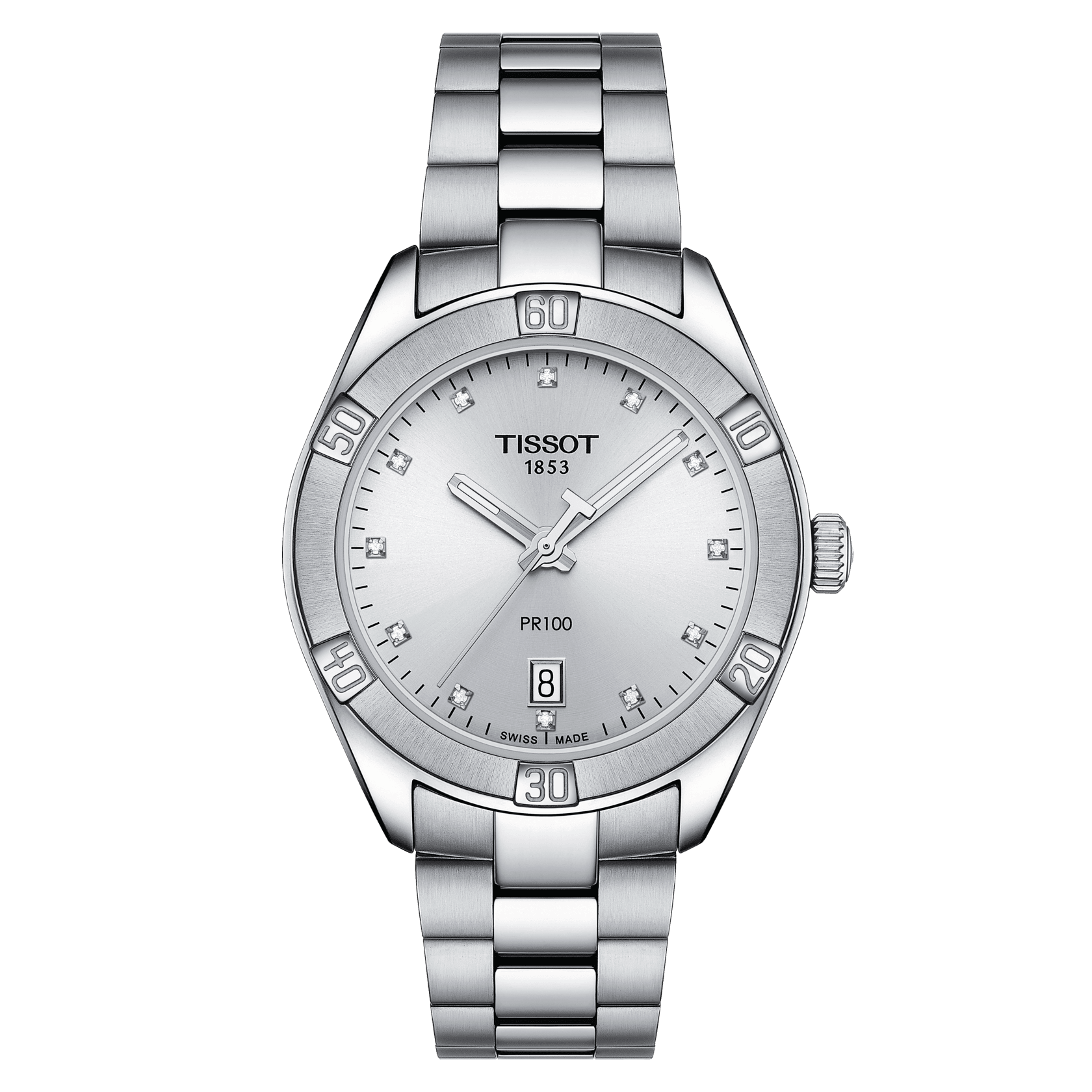 Tissot PR 100 Sport Chic with diamonds in steel bracelet