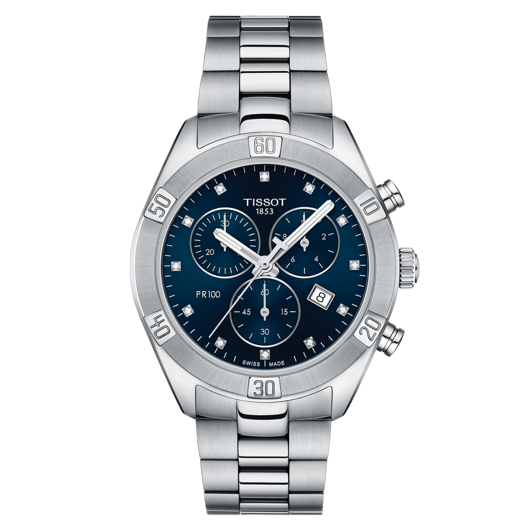 Tissot PR 100 Sport Chic Chronograph with diamonds in steel bracelet