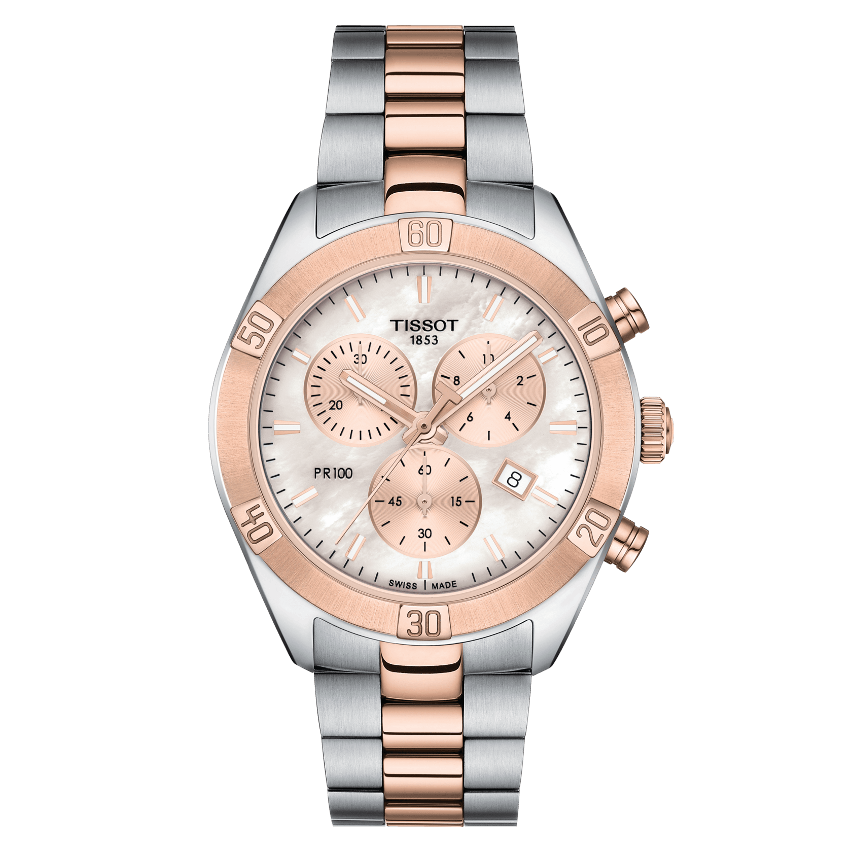 Tissot PR 100 Sport Chic Chronograph Rose Gold 2Tone Pink MOP Dial