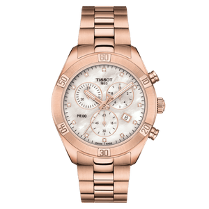 Tissot PR 100 Sport Chic Chronograph Rose Gold White MOP Dial with diamonds