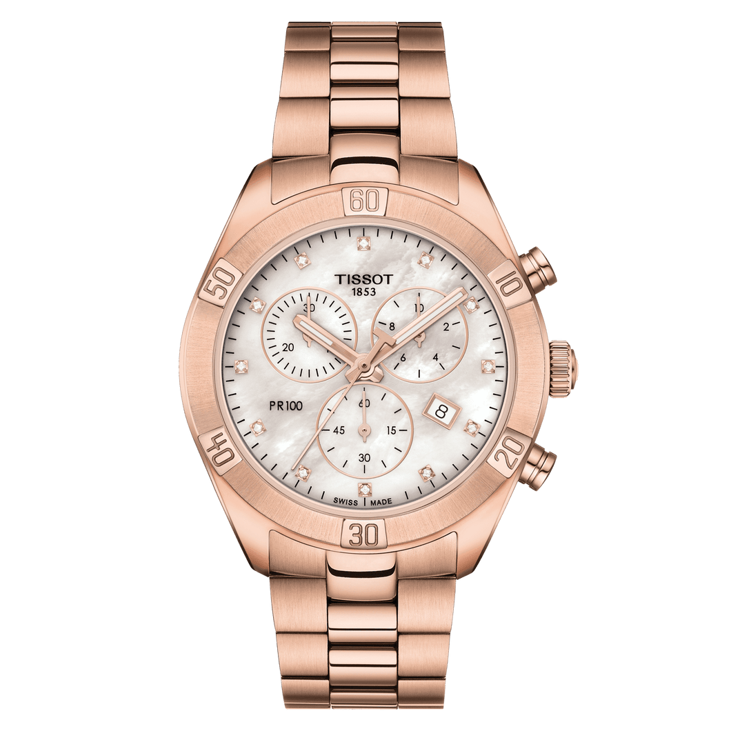 Tissot PR 100 Sport Chic Chronograph Rose Gold White MOP Dial with diamonds